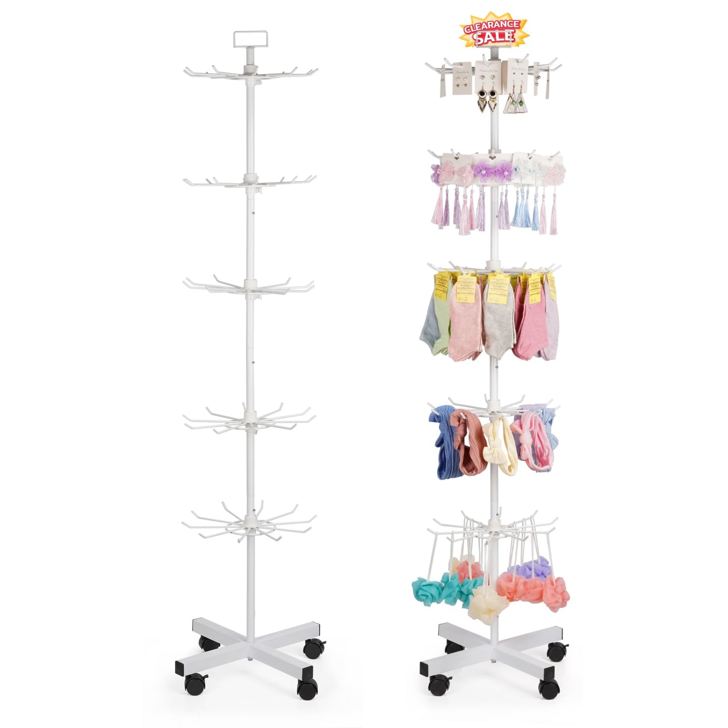 Exttlliy 5-Tier Metal Spinning Display Stand Rack with Wheels, Keychain Jewelry Stocking Hat Display Stand, White