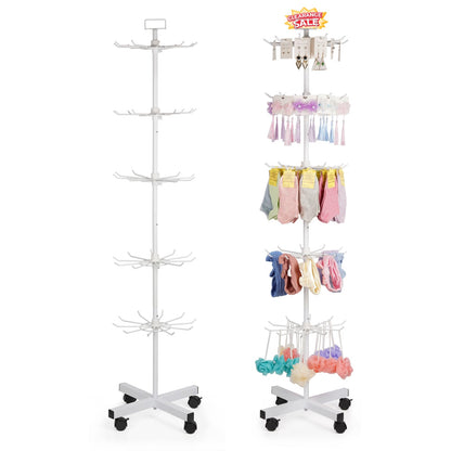 Exttlliy 5-Tier Metal Spinning Display Stand Rack with Wheels, Keychain Jewelry Stocking Hat Display Stand, White
