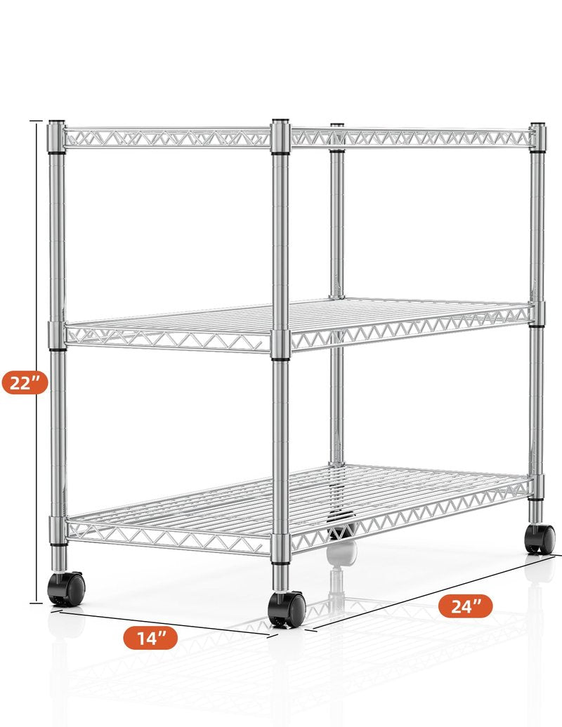 Simple Deluxe Heavy Duty 3-Tier Storage Shelves 750Lb Capacity, 24.02" D x 13.78" W x 29.92" H Adjustable Shelving Unit with Wheels, Chrome