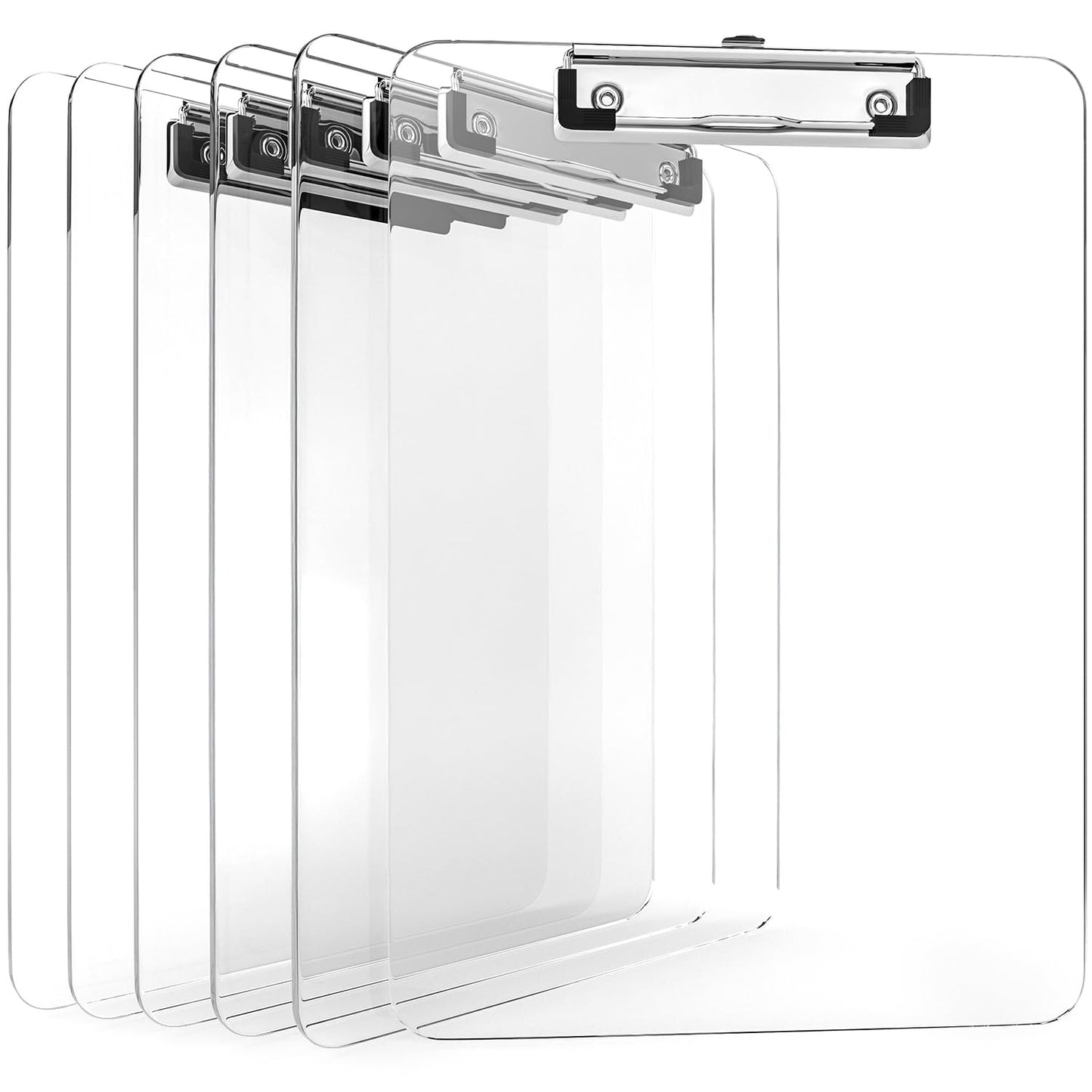 Kiggos 6 Pack Acrylic Clear Clipboards Bulk Transparent Clipboard with Low Profile Metal Clip 12.5 x 9 Inch Letter Size Classroom Clipboard Set with Hanging Hook Holds 100 Sheets