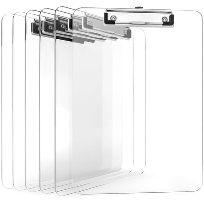 Kiggos 6 Pack Acrylic Clear Clipboards Bulk Transparent Clipboard with Low Profile Metal Clip 12.5 x 9 Inch Letter Size Classroom Clipboard Set with Hanging Hook Holds 100 Sheets