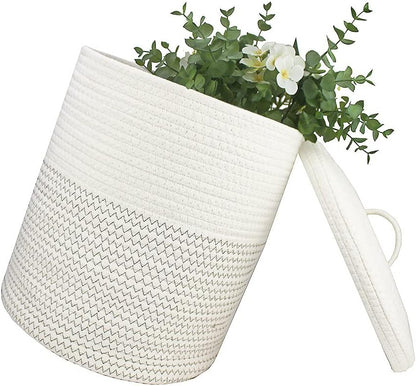 Yimi's Dream Woven Basket - Decorative Storage Solution with Lid for Kids & Toys | Medium Size (White & Black, 12D x 13.5H Inch)