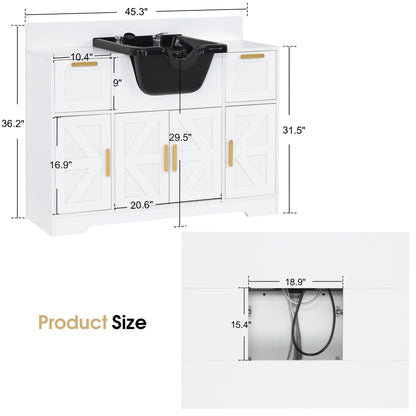 BarberPub Portable Shampoo Station, Shampoo Bowl with Cabinet & Drawer, Salon Geometric Finish Station with Sprayer Faucet, Barber Storage Equipment with Hair Wash Backwash Sink 3439 (White)