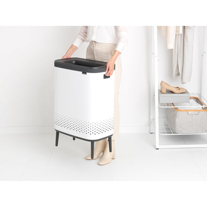 Brabantia Bo Laundry Hamper Hi (White) 2 Compartment Removable Laundry Bag 2 x 12 Gal, Ventilated Stylish Dirty Clothes Holder, Flat Back, Off-the Ground, Anti-Rust Materials for Bathroom Use