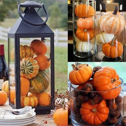 96Pcs Halloween Artificial Pumpkin and Gourd Maple Leaf Sunflower Red Fruit Pine Cone Acorn Harvest Mixed Small Fake Pumpkin Thanksgiving Halloween Party Decoration