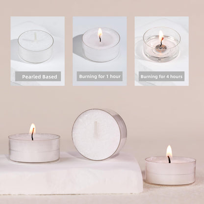 24 Pack Unscented White Tealights Candles, 5 Hours Tea Lights Plant Wax Mini Votive with Cotton Wick for Home,Meditation,Pool,Wedding,Emergencies,Parties, Spas