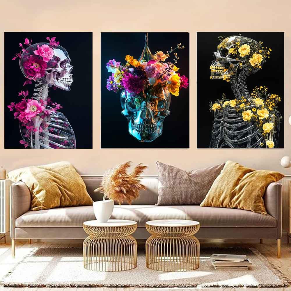 LATETOMT 15x20in 3 Pieces Aesthetic Skull Tapestries Flower Skeleton Wall Art Goth Love Tapestry Black Vertical Wall Tapestry for Valentine's Day Decor Bedroom Living Room Dorm LTMTAYW500