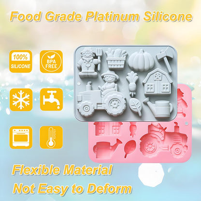 2 Pack Silicone Chocolate Molds with Farm Theme Pumpkin Tractor Axe Watering Pot House Handmade Soap Mold 9 Cavity Gummy Ice Cube Crayon Pastry Baking Tools for Cookie Chocolate Cake Décor