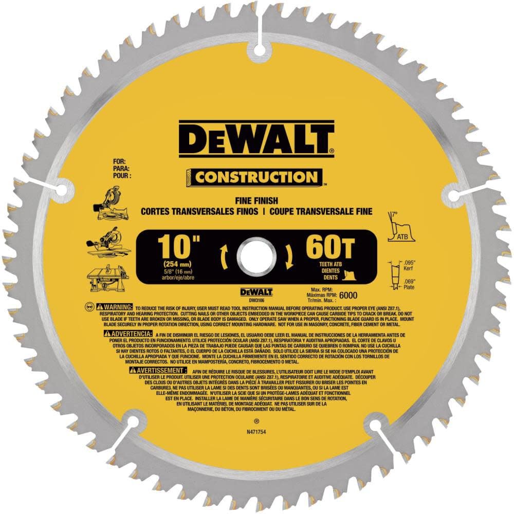 DEWALT 10-Inch Miter / Table Saw Blade, ATB, Thin Kerf, Crosscutting, 5/8-Inch Arbor, 60-Tooth (DW3106)