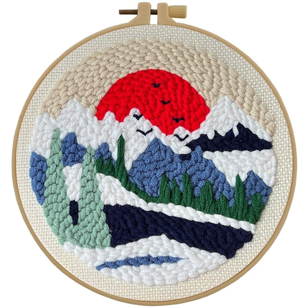 Esffaci Punch Needle Kit for Adults Beginner Starter Punch Embroidery Kit with Red Sunrise Snow Mountain Tree Scenery Pattern DIY Punch Stitch Supplies with Stamped Fabric Yarn Hoop Tool Instruction