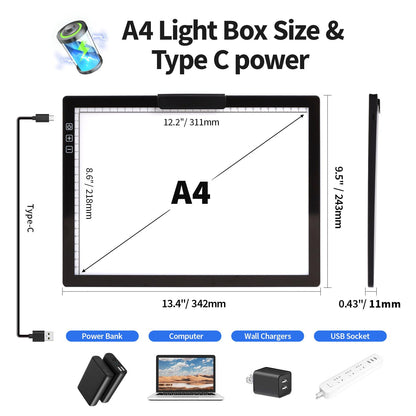Rechargeable A4 Light Pad with Carry Bag & Stand,Ultra Thin Light Table with Clip,6 Levels of Brightness Light Box for tracing,Diamond Painting.led Light Board for Artists,Drawing,Sketching,Animation
