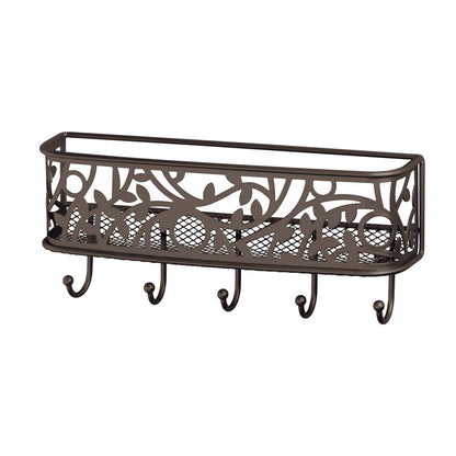 mDesign Wall Mount Metal Entryway Storage Organizer Mail Sorter Basket with 5 Hooks - Letter, Magazine, Coat, Leash and Key Holder for Entryway, Mudroom, Hallway, Kitchen, Office - Bronze