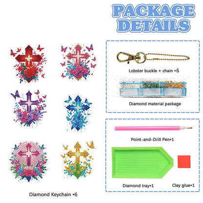 POETRYDRAW 6Pcs Diamond Painting Keychains Double Sided 5D Cross Flower Diamond Art Kit Full Drill DIY Diamond Art Keychain Gem Art Diamond Painting Kits for Adults