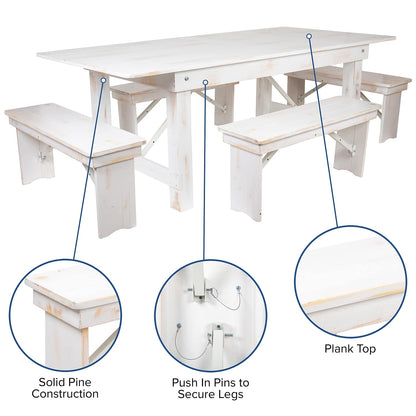 Flash Furniture HERCULES Series 7' x 40" Antique Rustic White Folding Farm Table and Four Bench Set