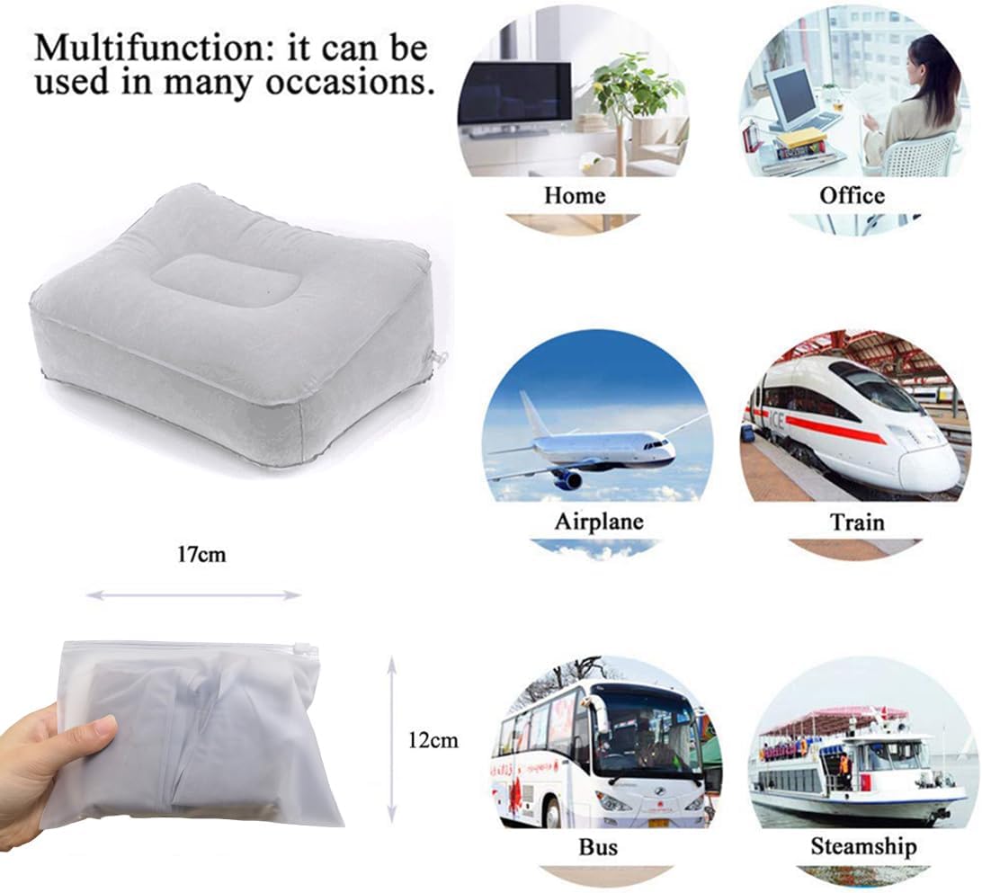 1 Inflatable Travel Foot Rest Pillow, Head Pad, Soft Flocking Pillow, Flights Relax Cushion Ottomans Leg Up with Air