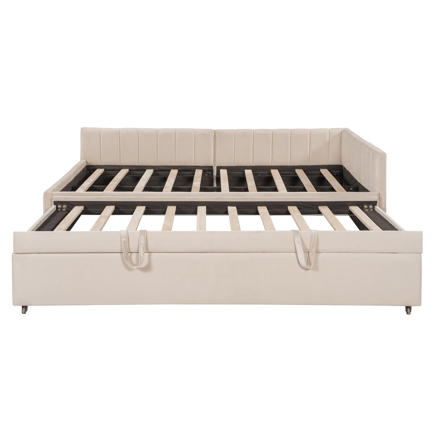 Full Size Upholstered Daybed with Pop up Trundle Bed,Velvet Day Bed Frame with L-Shaped Backrest,Pop up Trundle Full Size,Tufted Sofa Bed for Bedroom,Living Room,Guest,Beige