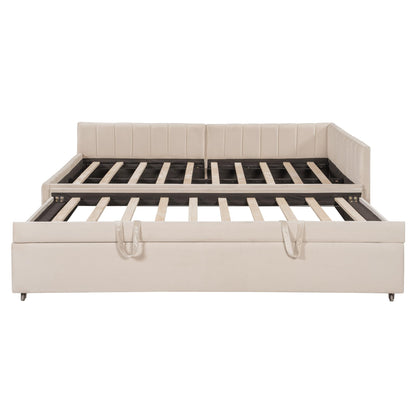 Full Size Upholstered Daybed with Pop up Trundle Bed,Velvet Day Bed Frame with L-Shaped Backrest,Pop up Trundle Full Size,Tufted Sofa Bed for Bedroom,Living Room,Guest,Beige