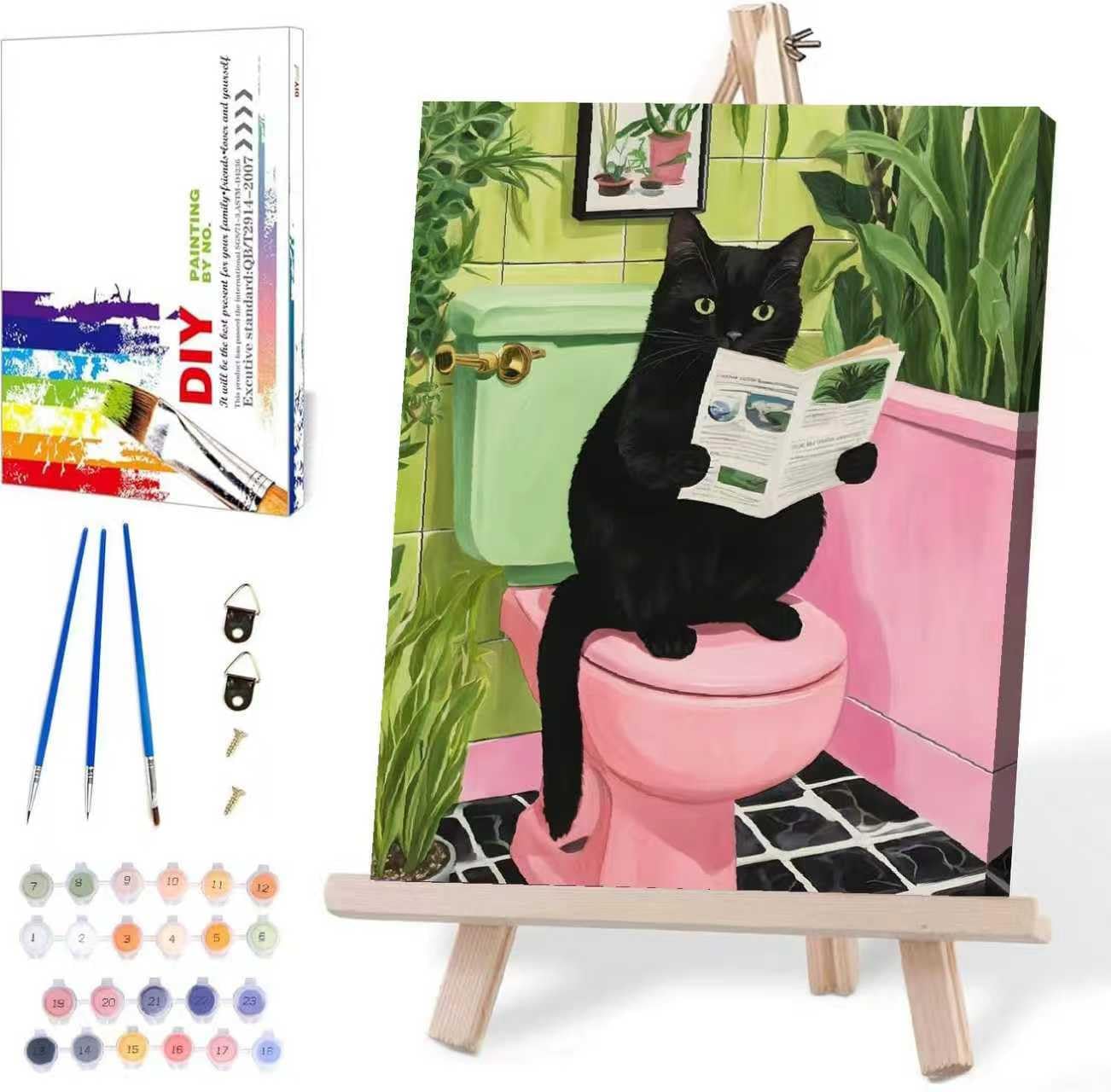 MIRCVSH Black Cat Paint by Numbers for Adults with Framed Canvas-with Wooden Easel,Paint by Number on Canvas,DIY Acrylic Oil Painting Kits with Brushes Nice Gift Box for Home Wall Decor(12x16 Inch)