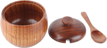 AYNEFY Solid Wood Spice Jar, Sugar Salt Pepper Storage Bowl with Spoon and Lid for Home Restaurant Food Shop