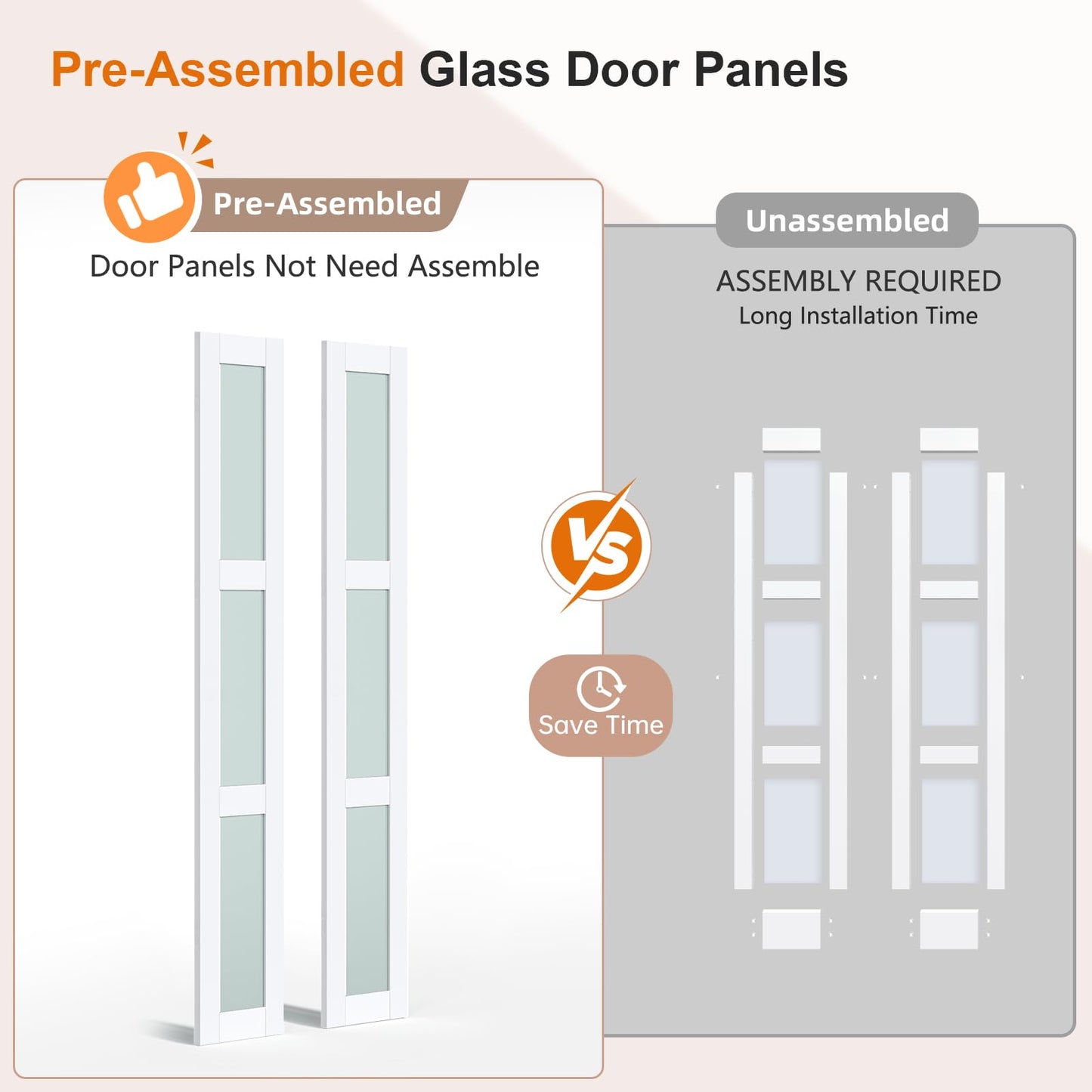 EaseLife Preassembled Bi-Fold Doors, for 72"x 80" Opening,Tempered Frosted Glass Closet Folding Barn Door with Concealed Hardware Kit,MDF Wood Panel,Water-Proof PVC Surface,Easy Installation