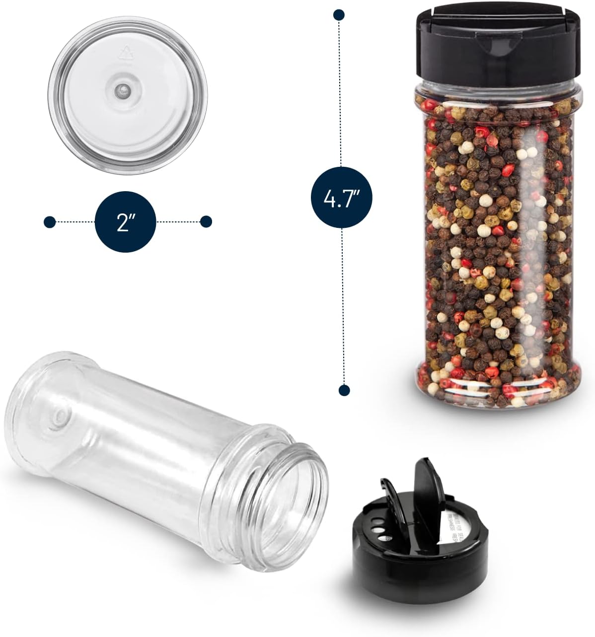 12 Pack 5.5 Oz RoyalHouse Plastic Spice Jars with Black Cap, Clear and Safe Plastic Bottle Containers with Shaker Lids