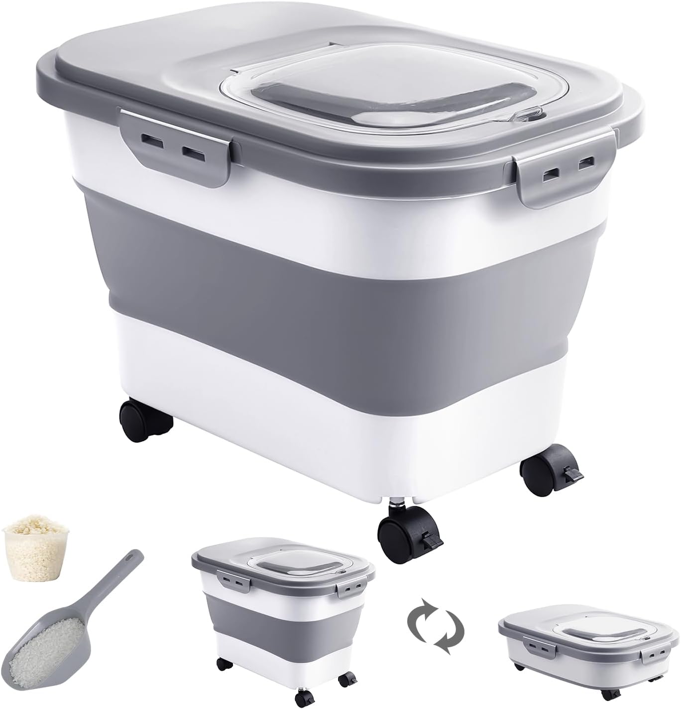20-30 Lbs Rice Storage Container,Collapsible Food Storage Containers with Rolling Wheel Airtight Locking Lid,Flour