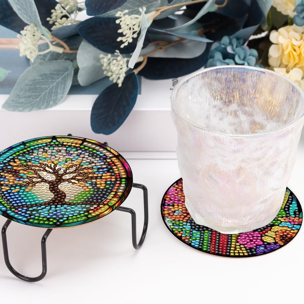 8 Pcs Diamond Art Painting Coasters with Holder, DIY Colorful Glass Stain Diamond Art Painting Kits for Beginners, Diamond Craft Supplies for Adults Kids Coasters Gift