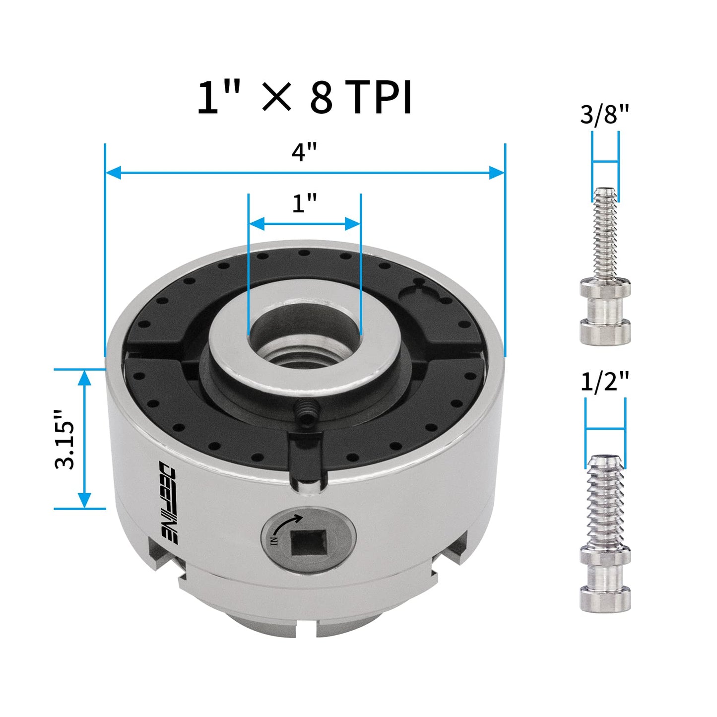DEEFIINE 4 Inch Wood Lathe Chuck Set 1" x 8 tpi thread, Nickel Plated Self Centering 4 Jaw Wood Turning Chuck set(5PCS jaws)