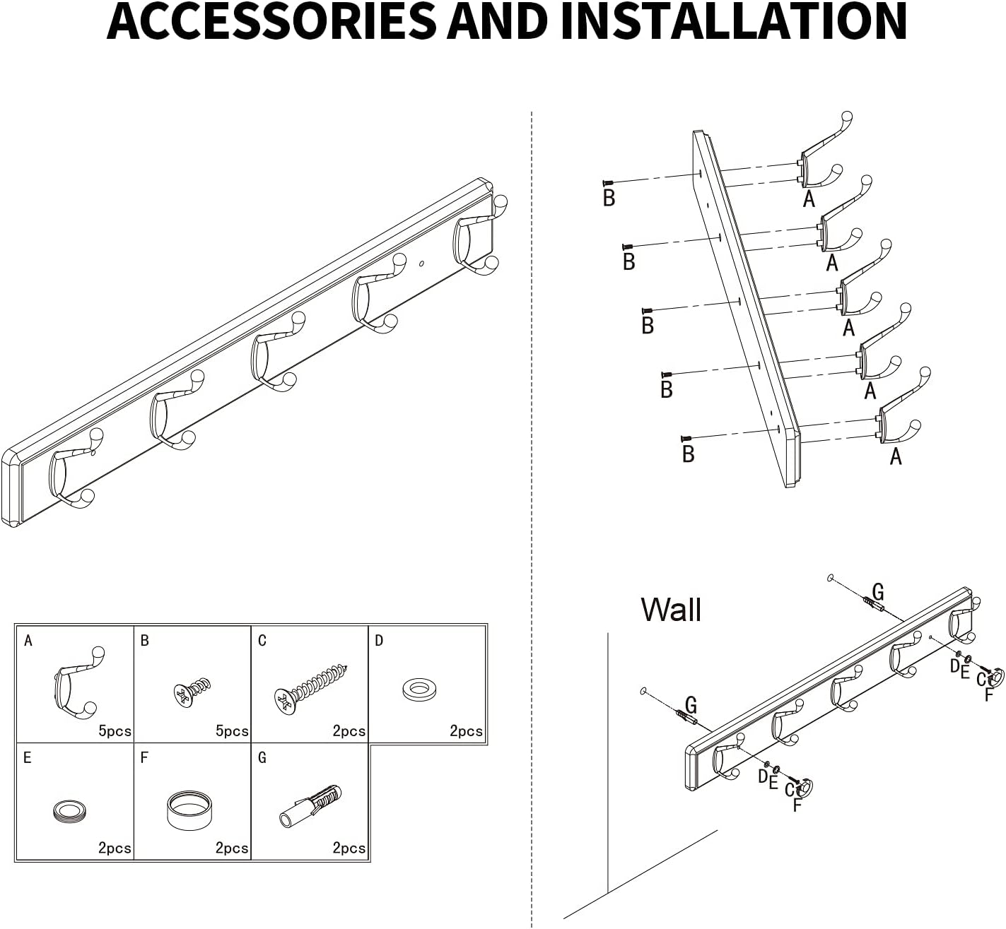 Wooden Coat Rack, Wall-Mounted Organizer for Closet, Entryway, Heavy Duty Double Hooks for Hanging Towels, Black