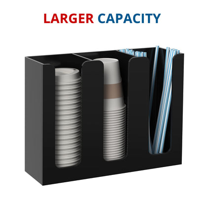 KOTEMON Acrylic Cup and Lid Holder, 3 Compartment, Disposable Coffee Cup Dispenser Cup Storage Organizer, Black