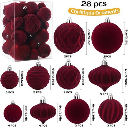 Celltestria Velvet Christmas Balls - 28PCS Shatterproof Burgundy Ornaments for Holiday Decor | Winter Tree Decorations