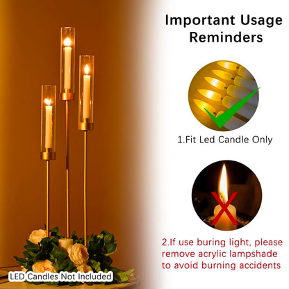 Vincidern 6pcs Candelabra 3 Arm, Wedding Centerpieces for Tables, 33.8'' Tall Candle Holder Gold Table Centerpieces for Wedding, Party, Event, with Acrylic Lampshade, Fit LED Taper Candles