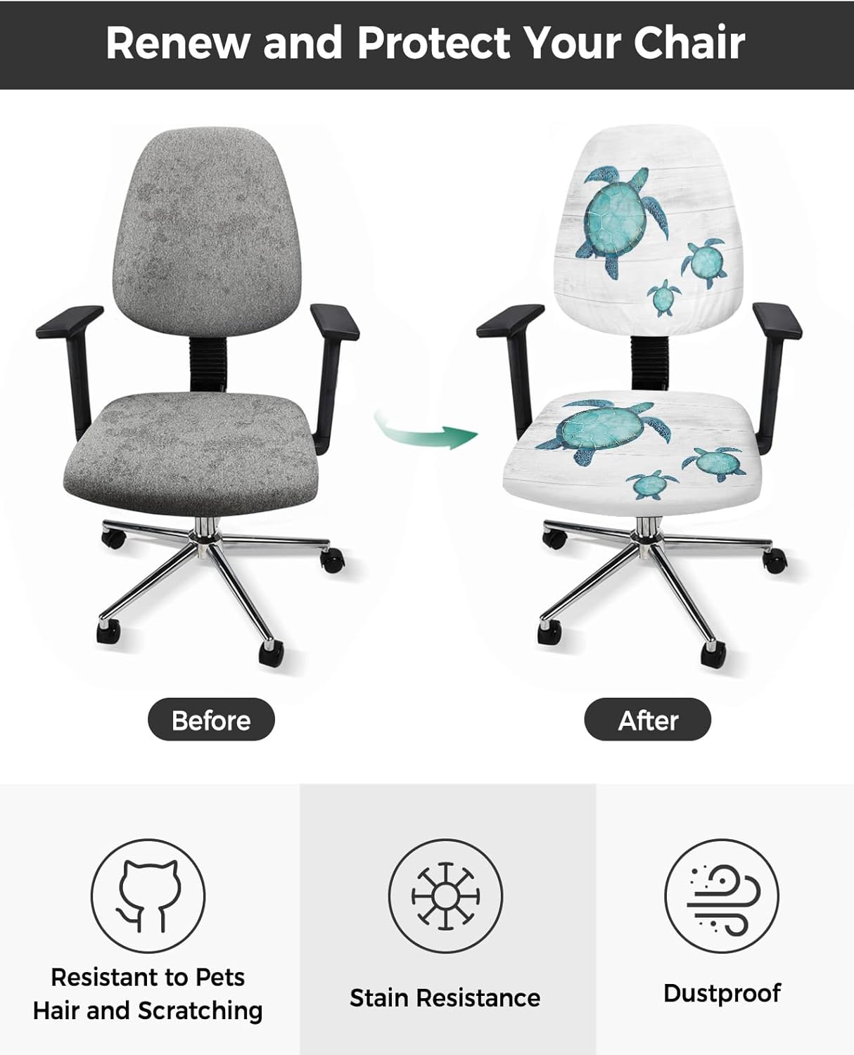 Sea Turtle Office Chair Covers, Stretchable 2 Piece Soft Decorative Computer Desk Chair Protector, Turquoise Tortoise