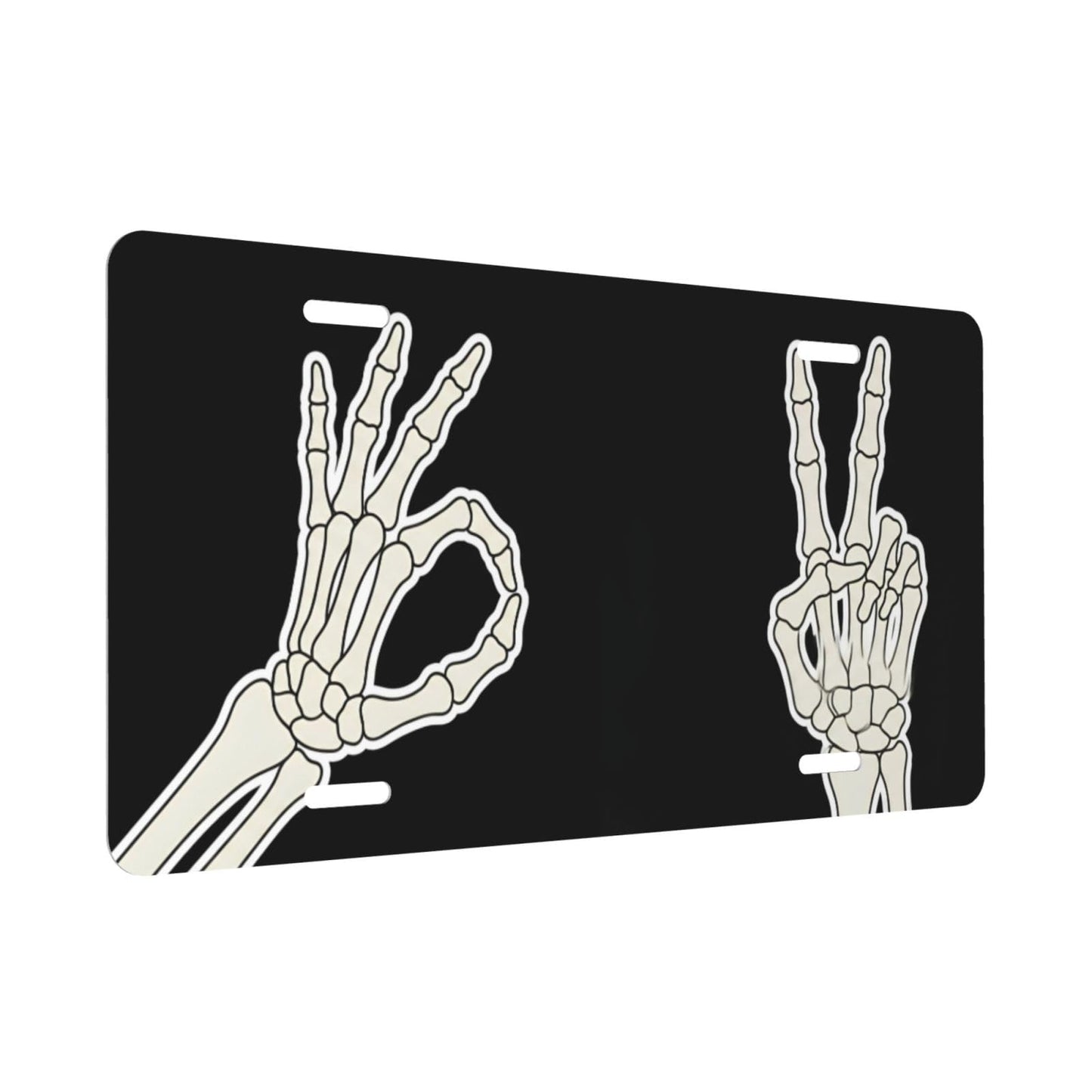 Skeleton Hand Ok and Peace Sign Front License Plate for Women Car Vanity Plates Decorative Aluminum Metal Cute Novelty License Plate Cover for Men 6x12 Inch (4 Holes)
