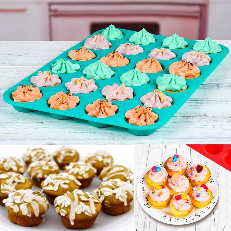 Mini Muffin & Cupcake Set, 24 Cups Nonstick Silicone Baking Pan, BPA Free, Dishwasher Safe, 2 Pieces (Red)