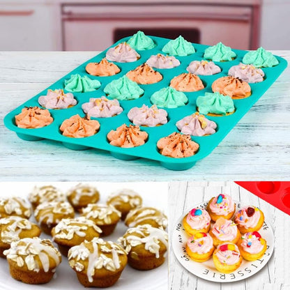 Mini Muffin & Cupcake Set, 24 Cups Nonstick Silicone Baking Pan, BPA Free, Dishwasher Safe, 2 Pieces (Red)