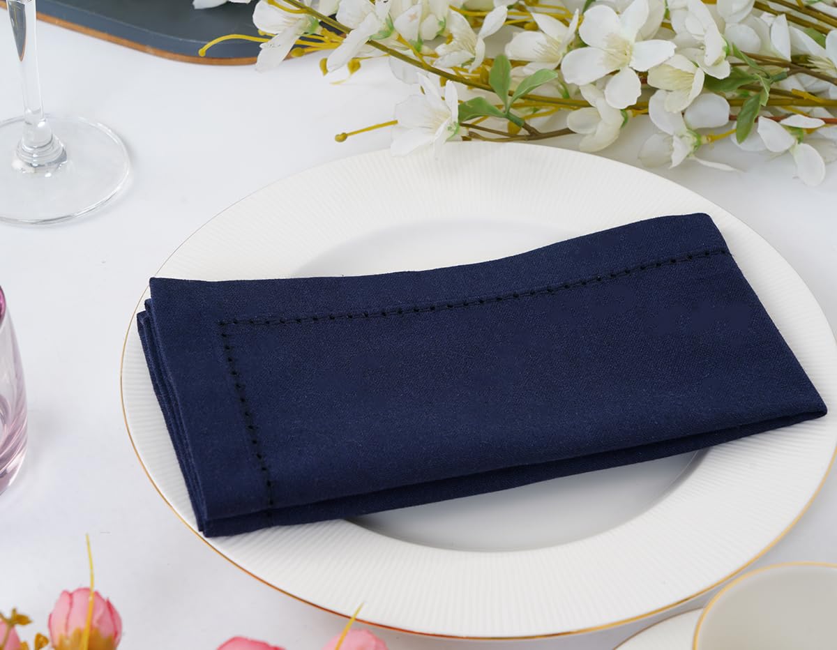 Blue Needles Navy Blue Hemstitch Linen Napkins Set of 12-100% Cotton Cloth Dinner Napkins 18x18 inches, Soft, Reusable, Absorbent, Washable Ideal for Spring Summer Easter Parties & Everyday Use