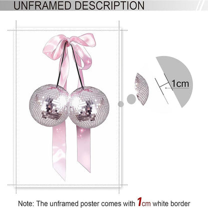 Generic 16x24in Trendy Pink Bow Disco Ball Posters White Cherry Canvas Wall Art Funky Coquette Bow Ribbon Preppy