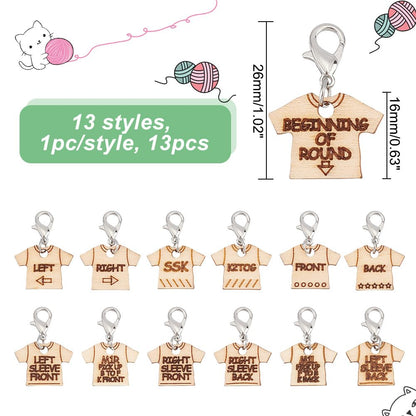 NBEADS 13 Pcs 13 Styles Wood T-Shirt Shaped Stitch Markers, Wooden Crochet Stitch Marker Locking Stitch Marker with Lobster Clasp Knitting Crocheting Accessories for Marking Direction Guidelines
