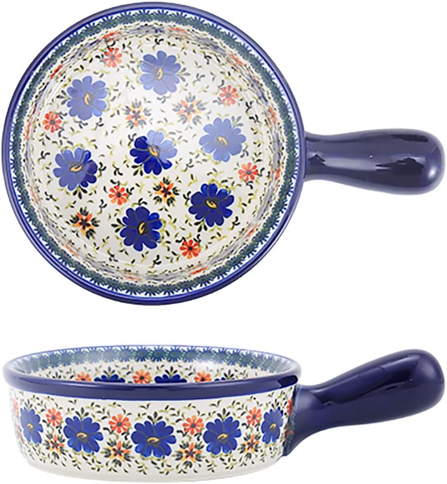 Vintage Style Blue Flowers Pottery Bakeware, Ceramic Casserole Dish, 20 OZ, 1 PCS
