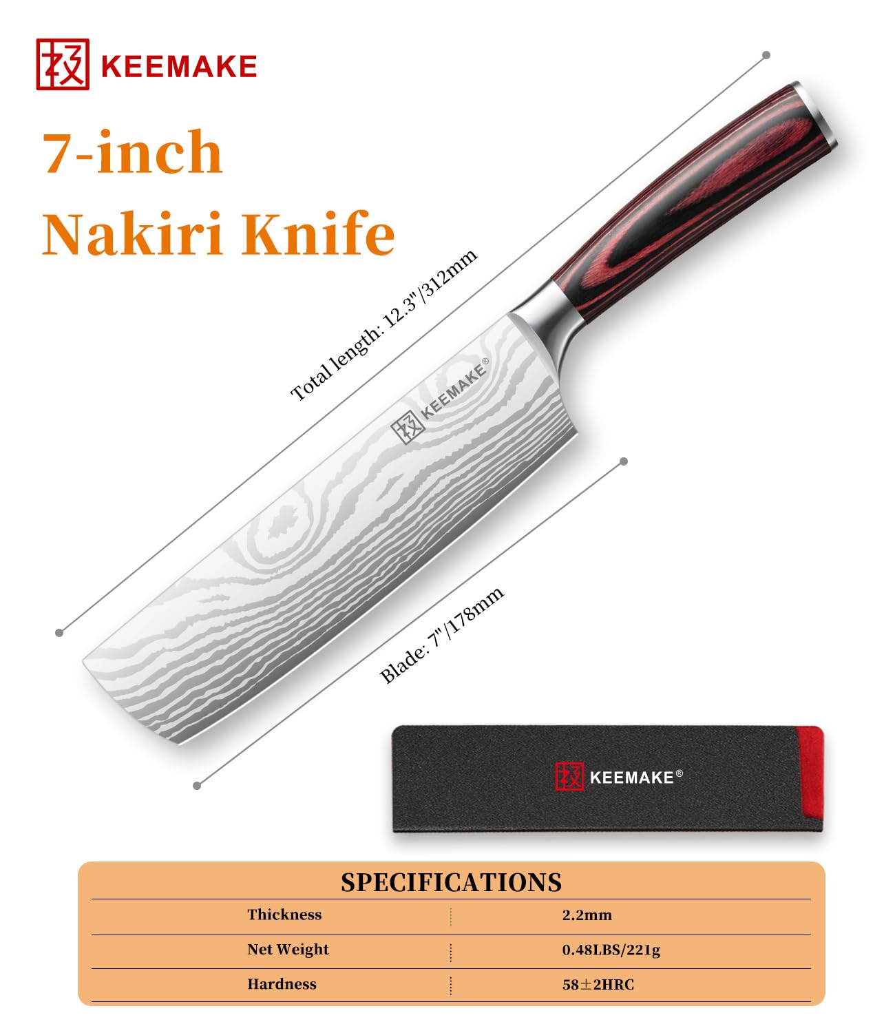 KEEMAKE 7 Inch Nakiri Knife - Japanese Kitchen Vegetable Cleaver, Razor Sharp German High Carbon Meat Slicing Cutter, Ergonomic Pakkawood Handle with Sheath, Father Day Gifts