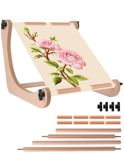 eZAKKA Adjustable Embroidery Table Stand, Wooden Embroidery Hoop Holder & Needlepoint Frame with 2 Size Rods (13.9" & 17.7"), Cross Stitch Holder for Hand Work & Lap Stitching with Both Hands Free