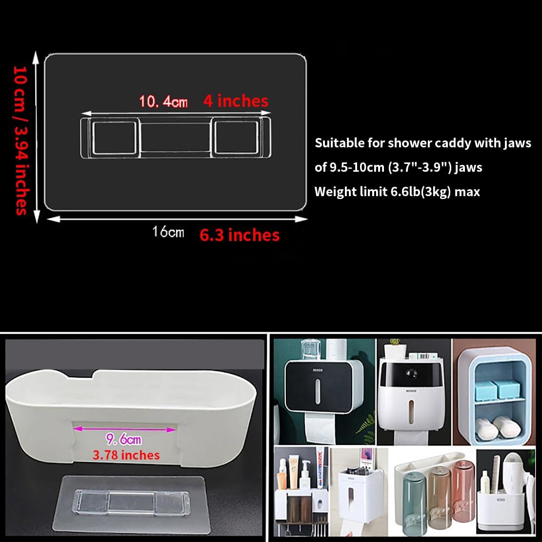 CARURLIFF 2 ShelvesSet 4 PCS Rectangular Shower Caddy Adhesive Replacement for Kitchen Bathroom Transparent