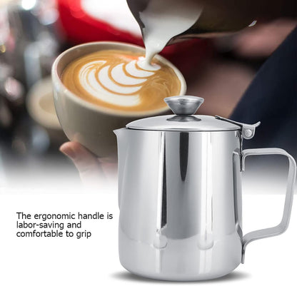 Milk Frothing Pitcher - Stainless Steel Coffee Cup Mug with Lid and Handle for Latte Art, Silver (1500ML)