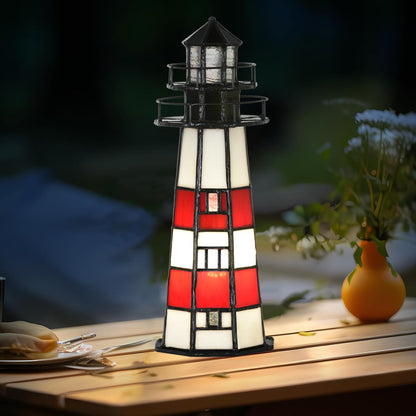HomeBeauty A0016 Tiffany Lighthouse Lamp Stained Glass Accent Table lamp Night Light for Home Decoration, Bulb Included (RED)