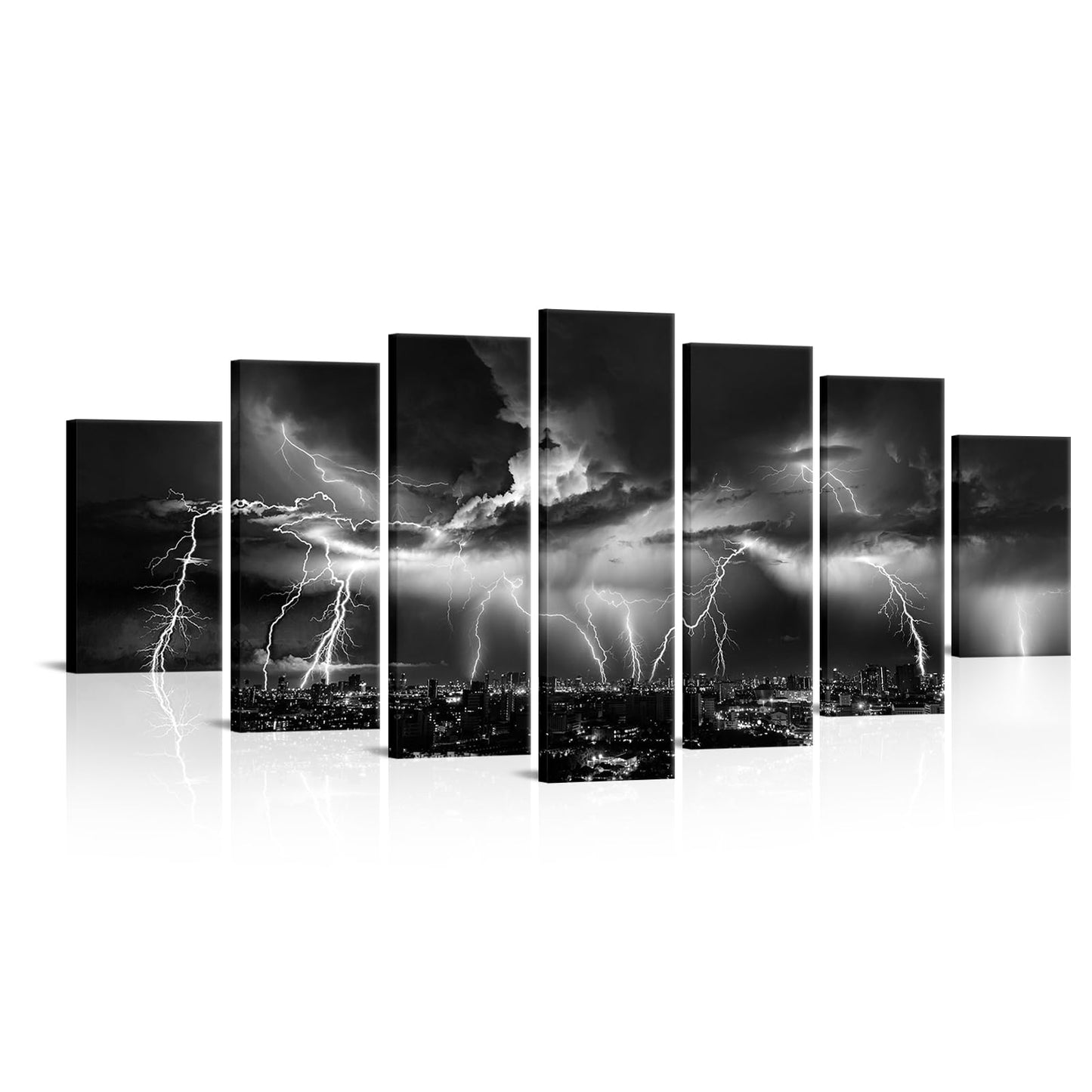 Biuteawal Large 7 Piece Black and White Wall Art Lightning Strikes Painting on Canvas Storm Cityscape Picture Print Nature and City Artwork for Home Office Bedroom Decoration