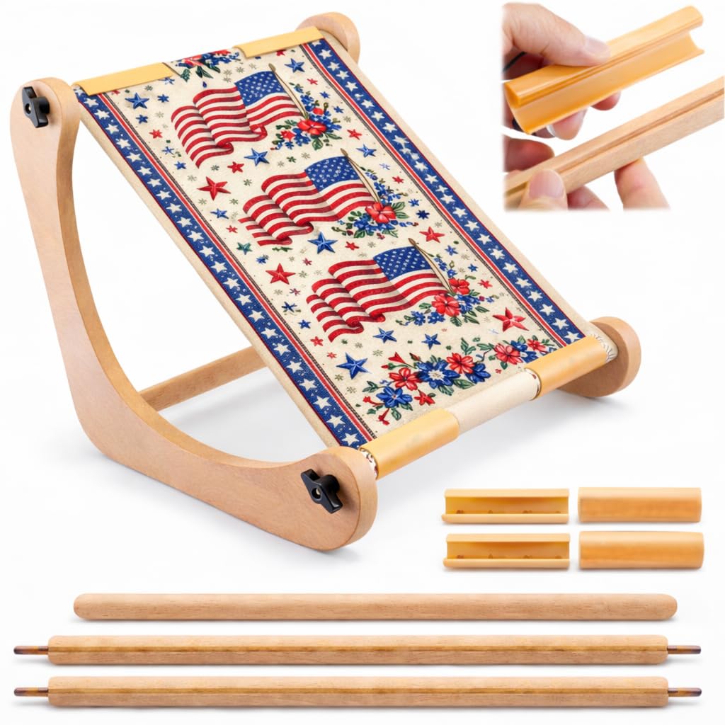 Embroidery Table Stand for Lap or Tabletop, Hands-Free Wooden Needlepoint Holder with 2 Pole Sets for Cross Stitch, Sewing and Needlework