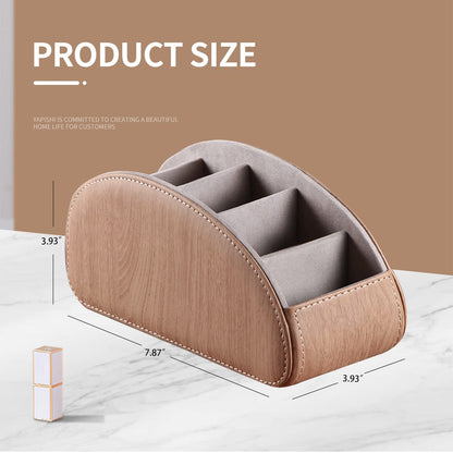 All-in-One Leather TV Remote Control Holder with 5 Compartments Nightstand Desktop Air Conditioner Media Player Remote Caddy Storage Box Organizer Tray For Makeup Brush Pen Stationary Table Controller
