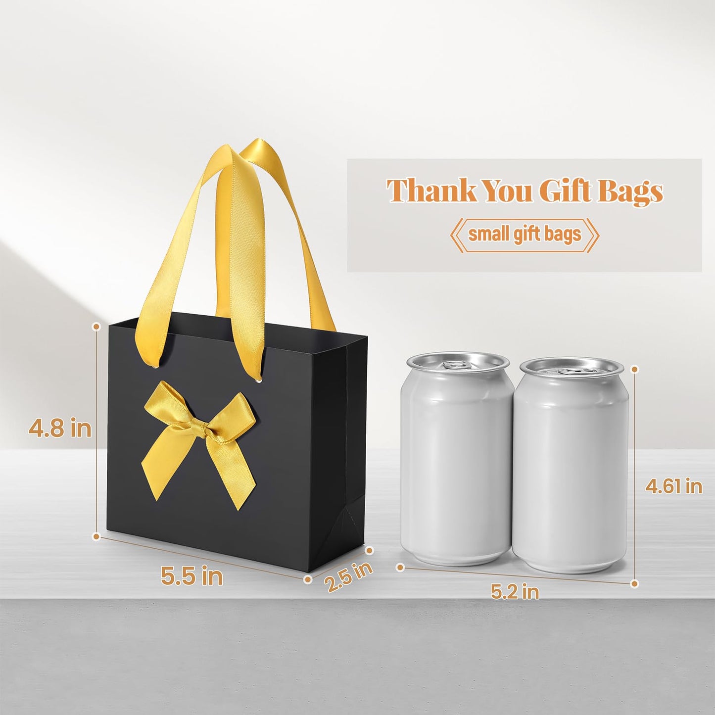 EQOREIIN 50 Pack Small Thank You Gift Bags with Bow Ribbon & Handles, 5.5x 2.5x4.7 Inch Black Gold Little Gift Bags for Jewelry, Baby Shower, Bridal Shower, Mother's Day,Christmas Holiday Gifts