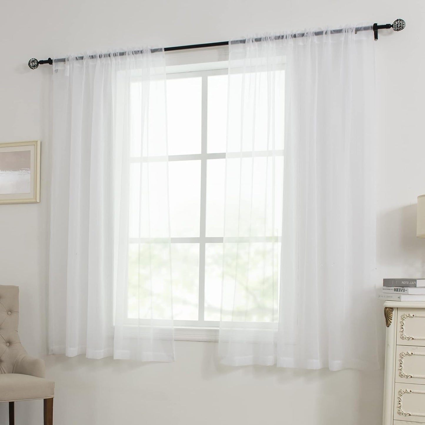 White Sheer Curtains - 54 inches Long for Bedroom, Top Rod Pocket Sheer Window Panels for Nursery, Living Room